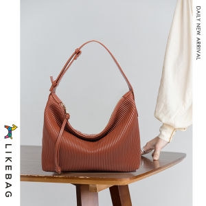 LIKEBAG Original Womens Bag Pleated Folding Design Tote Bag Solid Color Womens Leather Bucket Bag Fashion Tote Bag