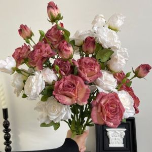 HUNIU 3 Head Artificial Rose Flowers Realistic Burnt Edge Silk Simulation Rose Rose Bouquet Romantic Silk Cloth Flower Home Decor