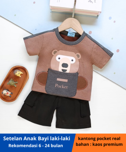Setelan Anak Laki - Laki / Baju Bayi Laki- Laki Model Hoodie Lengan Pendek  Celana Panjang Ada Kantong Motif Pocket Deer