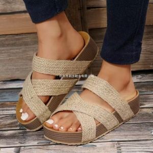 [Free Shipping] 2026 New Thick-Soled Woven Sandals For Women Comfortable Breathable Fashionable Versatile And Perfect For Outdoor Wear Straw Mule Shoes With A Wedge Heel