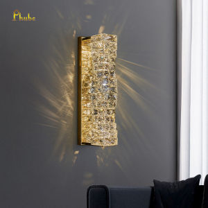 Phube Modern K9 Cube Crystal LED Wall Sconce Gold & Silver 2 Sizes Tri-Color 7W 4000K Wall Lamp for Bedroom Bathroom Living Room Hallway