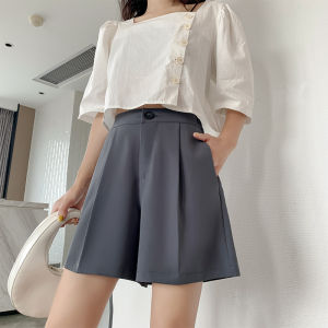 PFW 2023กางเกงขาสามส่วนฤดูร้อนใหม่เอวสูงของผู้หญิงทรงหลวมสบายๆผ้าชีฟองทรงตรงชุดรัดรูปกางเกงขาสั้น