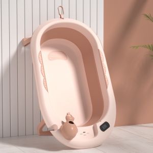 Chậu tắm có nhiệt kế cho bé gấp gọn kèm phao màu hồng 9BABY mẫu mới