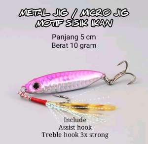 Jig Metalik Ikan Motif Berkilau 5 cm Berat 10 gram dengan Assist Hook Treble 3x
