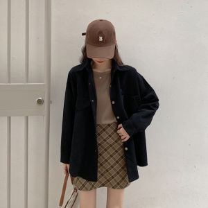 Basic Corduroy Outer Blus fashion kemeja lengan panjang longgar setengah panjang gaya Korea baru