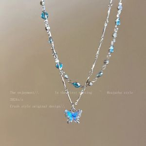 Blue Crystal Butterfly Necklace for Women Shiny Zircon Bilayer Choker Girls Romantic Summer Clavicle Chain Fine Jewelry Gift