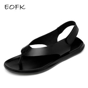 EOFK Summer Men Genuine Leather Sandals New Design Fashion Casual Black Slip on Sandals Leather Flip Flops Man Mens Flat Rubber2026