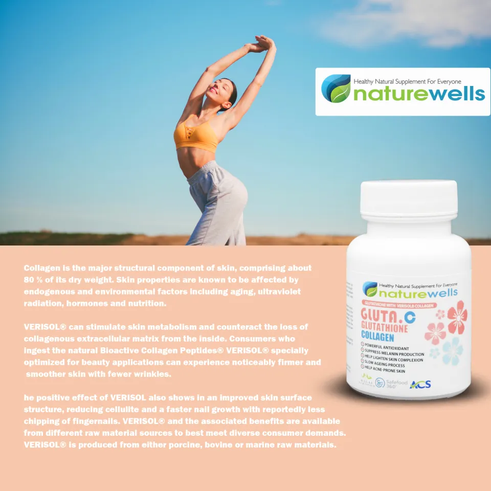 NEW!! Naturewells Gluta.C Glutathione Collagen VERISOL® Bioactive Collagen Peptides Supplement 90's VegeCap Exp:2027
