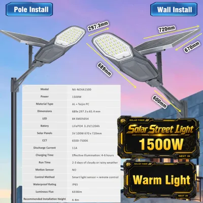 Solar Light Outdoor Lampu Solar Jalan Taman Street Light Super Bright Super Power LED Lamp Waterproof 170KW IP67 Aluminium casing Warm White