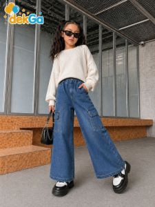 Celana anak Cargo jeans bawahan kulot perempuan usia 3-12tahun Highwaist snowblue jeans denim
