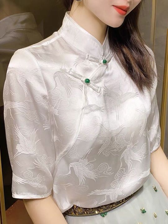 Vintage Standing Collar Cheongsam Shirt for Women Chinese Style Summer  Button White Blouse