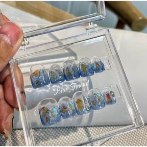 [HANDMADE]Short Round Artificial Nail Star Ice Cream Blue&Yellow Cute gentle summer spring sea ocean diamond Phototpy Nails Reusable and Removable Fake Nails Art