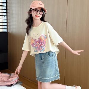 เสื้อยืดแขนสั้น เสื้อลูกสาว บางสําหรับฤดูร้อน แฟชั่น ลายผีเสื้อ สําหรับเด็กผู้หญิง ระบายอากาศได้【จัดส่งภายใน 24 ชั่วโมง】