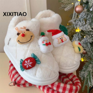 XIXITIAO Christmas Atmosphere Fashion Velvet Padded Warm Plush Short Boots for Women Winter Wear Soft Bottom Comfortable Non-Slip Snow Boots