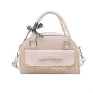 LANGJ หนัง PU กระเป๋าถือบอสตัน ริบบิ้นลูกไม้ ซิป กระเป๋าสะพายไหล่โบว์ หวาน หลายฟังก์ชัน กระเป๋าโบว์ลิ่งแบบสะพายข้าง ผู้หญิง