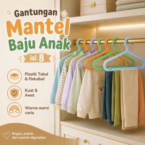 630 - Gantungan Baju Anak Premium isi 8 pcs Warna Warni Hanger Plastik Tebal Fleksibel Aman