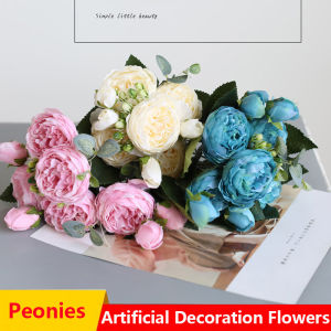 [YESPERY] 5หัว/ช่อดอกโบตั๋นประดิษฐ์ดอกไม้ผ้าไหมช่อดอกพีโอนีสีขาวสีชมพูงานแต่งงานตกแต่งปลอมดอกกุหลาบดอกโบตั๋น