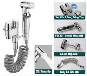 Bộ vòi xịt vệ sinh tăng áp Kèm Van chia 2 đường nước Bằng Inox mạ Crome Cao cấp - Đủ bộ