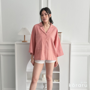 Koraru Kemeja Wanita Jumbo Oversize Double Pocket Linen Crinkle Lengan 3/4  Kerah Hawai Premium - Fashion Atasan Wanita Kekinian Korea Style