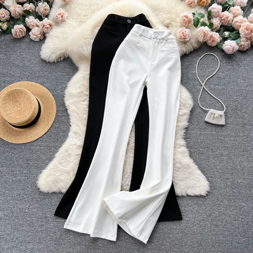 2023 Spring Summer Korean Slim High Waist Pants Women Vintage Casual White  Flare Pants Fashion Wide Leg Black Pants