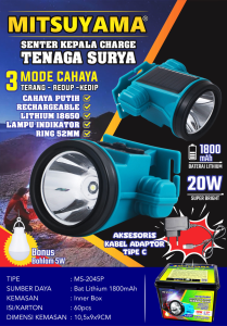 Senter Kepala MITSUYAMA Charge TYPE C dan Tenaga Surya MS-2045P 20 WATT GRATIS BOHLAM 5WATT Cahaya PUTIH 3 MODE HEADLAMP KEMAH CAMPING MEMANCING PANEL SURYA SUPER TERANG MURAH BERKUALITAS