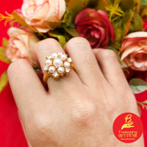 แหวนไข่มุกล้อมเพชร มุกน้ำจืดแท้ ชุบทอง ทองเกรดพรีเมี่ยม ใส่เสริมบารมี ใส่ได้ทุกโอกาส รูปถ่ายจากสินค้าจริง