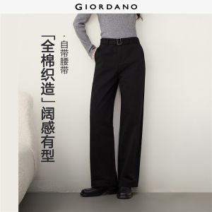 GIORDANO Women Pants 100% Cotton Belted Mid Rise Pants Straight Leg Fashionable Casual Regular Fit Pants 13416708