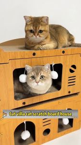 Wooden Cat Scratching House Large Cat Villa Cat Sleeping Bed Multifunctional Cat Toy 猫抓板屋 猫窝