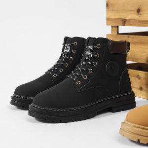 Korean Men Black Boots Mid-top Fashion Casual Martin Boots for Men PU Leather Waterproof Anti-slip Comfortable