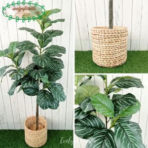 Pohon Artificial Daun Karet Merah Muda / Hijau Tua X3 T140 Latex Pot Dasar Cover Eceng Gondok Dekorasi Rumah