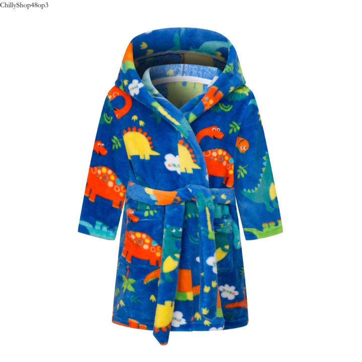 Kids Hooded Dinosaur Printed Flannel Bathrobe Babys Bath Robes
