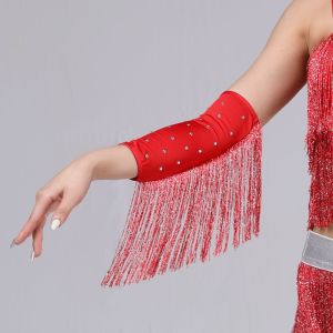 Performance Stage Latin Dance Fringed Sleeves Drilling Rhinestone Flash Womens Arm Sleeves Latin Dance Costumes Solid Color