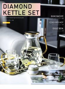 【Soft Lip Shop】  Luxury Nordic Diamond Glass Pitcher with 4 Cups High Heat & Cold Resistant Tea Cup Kettle Set Juice Water Amber Glassware Drinkware