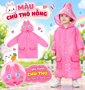 Áo Mưa Trẻ Em Họa Tiết Hoạt Hình Poly Có Mũ 5 Mẫu Xe Hơi Ếch Thỏ Vịt Dâu 2 Túi Trước Cho Bé