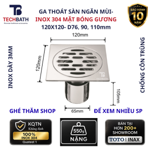 Ga Thoát Sàn Ngăn Mùi Inox 304 TECHBATH T2021.02 Phễu Thoát Sàn Chống Hôi Mặt Bóng Gương 120x120mm