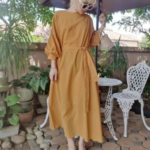 เดรสผ้าฝ้ายตัวยาว ปลายแขนพองๆ สวยแบบผู้ดี ผูกโบว์หลังเข้ารูปค่ะ