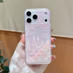 Castle Glitter Quicksand Case Shell for iPhone 15 16 17 Pro Max Luminous Sequins Brilliant Liquid Phone Cover Soft Clear Coque