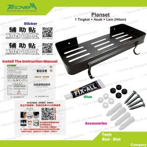 Planset Rak Kamar Mandi 1 Tingkat Hitam + Hook + Lem