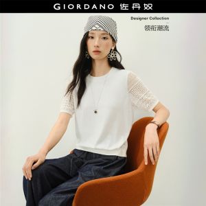 Giordano Women 100% cotton eyelet short sleeve knitwear Free Shipping 18356712