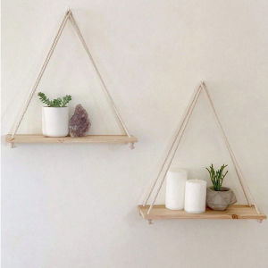 Wooden Swing Hanging Rope Wall Shelve Mounted Floating Home Living Room Plant Flower Pot Tray Storage Garden Decoration
