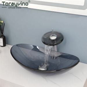 LDIES Torayvino Bathroom Glass Tempered Oval Vanity Basin Sink Set Waterfall Spout Deck Mounted Faucet Mixer Tap With Pop-up Drain Kit 4B7T1