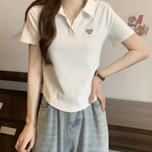 Women Casual Plain Polo T-Shirt Korean Slim Crop Top Short Sleeve