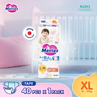 Merries Super Premium Tape Baby Diapers XL40 (1 Pack) (12 - 20kg) – Soft breathable and absorbent diapers for baby