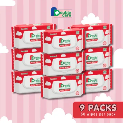 Double Care Baby Wipes Unscented 50 Sheets (Bundle of 9 Packs) | Alcohol-Free & Paraben-Free | Gentle for Newborn Sensitive Skin | with Flip-Top Lid