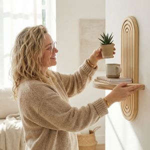 JPTD Oval Threaded Wooden Wall Shelves Natural Geometric Boho Style Rack Practical Decorative Artistic Wooden Stand Room