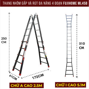 Thang nhôm gấp trượt chữ A 5.1M Nhập Khẩu đa năng chống trượt thang gấp rút 5 bậc có khóa an toàn FUJIHOME Multi Purpose Ladder