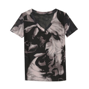 REHIN Womens top Fashion mesh printing short-sleeved T-shirt slim and thin V-neck trend blouse