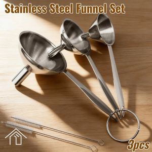 3PCS Stainless Steel Funnel Set Oil Soy Sauce Liquid Transfer Long Handle Funnel with Cleaning Brush