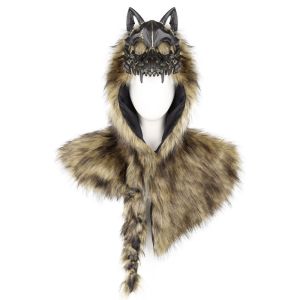 IVYAN Medieval Style Wolf Skull Hood Furry Viking Costume Warrior Mantle Hat Shawl Cape Headdress Halloween Headgear Halloween Party