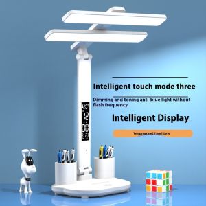 KS โคมไปตั้งโต๊ะไฟ LED เเบบสัมผัสหรี่แสงได้อัจฉริยะสำหรับนักเรียนที่มีอุณหภูมิและแสดงเวลา
